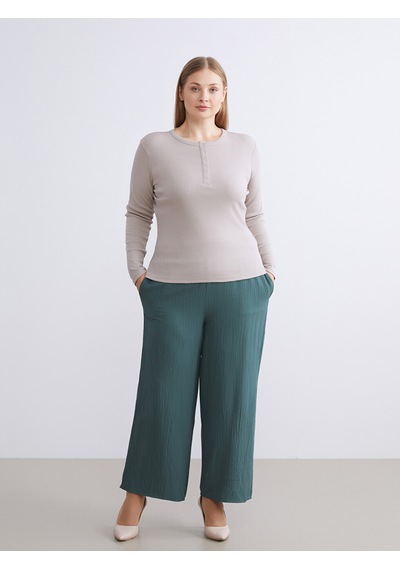 Lcwaıkıkı Classic Haki Beli Lastikli Dokulu Geniş Paça Kadın Pantolon