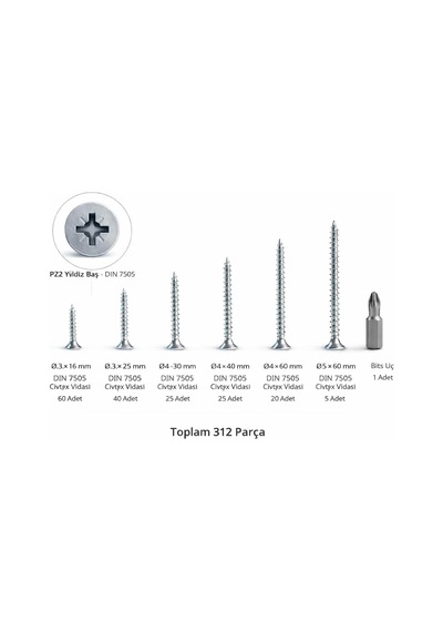 Tr 312 Parça 11 Çeşit Vida Dübel Ve Pul Seti - Organizer Takım Çantası - Dın 7505 Sunta Vidaları - Kraft Plastik