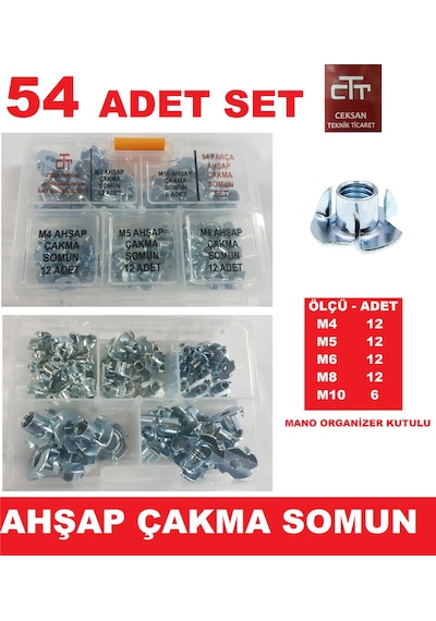 Ahşap Çakma Somun 54 Adet Set -Ağaç Somunu M4-M5-M6-M8-M10 Set