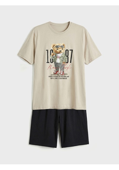 Lc Waikiki Lc Waıkıkı Gri Bisiklet Yaka Teddy Baskılı Erkek Şortlu Pijama Takımı