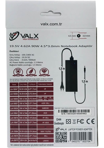 Valx La-19543 19.5v 4.62a 90w 4.5x3.0 Laptop Adap.