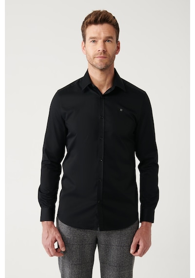 Avva Erkek Siyah Gömlek Klasik Yaka %100 Pamuk Saten Slim Fit Dar Kesim  B002006 Siyah