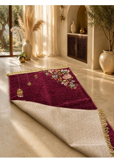 Mikro Şönil Kadife Seccade Astarlı Kalın Dokulu Çiçek Desenli Namaz Seccadesi Mor Siyah