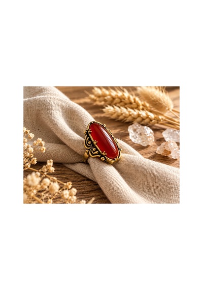 Esoo Jewelry Vintage Tasarım Bordo Doğal Taşlı Ayarlanabilir Kadın Yüzük - Antik Gold Görünümlü