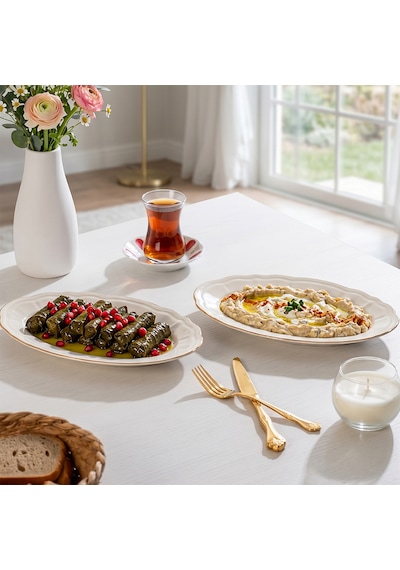 Porsima 4448 Tiffany Porselen Altın Fileli Kayık Tabak Seti - Oval Kahvaltılık Sunumluk Seti 25cm Beyaz
