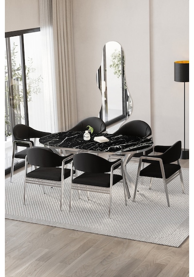 Mutfak Masası Takımı 6 Kişilik Masa Takımı Casse Serisi Mutfak Salon Masası Takımı Gümüş Siyah Mutfak Masası Takımı 6 Kişilik Masa Takımı Casse Serisi Mutfak Salon Masası Takımı Gümüş Siyah
