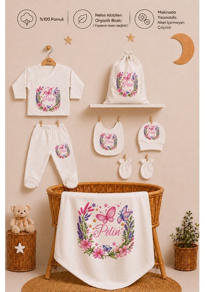 Pia Baby İsimli Kız Bebek %100 Pamuk Zıbın Set Yastık Kılıfı Battaniyeli Kıyafet Keseli 2088zybk0x Krem