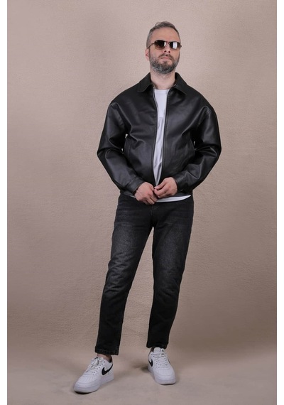 Ohepmoda Oversize Rahat Kalıp Düz Erkek Deri Ceket Siyah