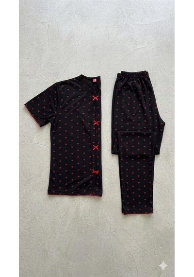 Sleeproom Yazlık Siyah Kırmızı Kalp Desenli Kısa Kol Penye %100 Pamuk Pijama Takım