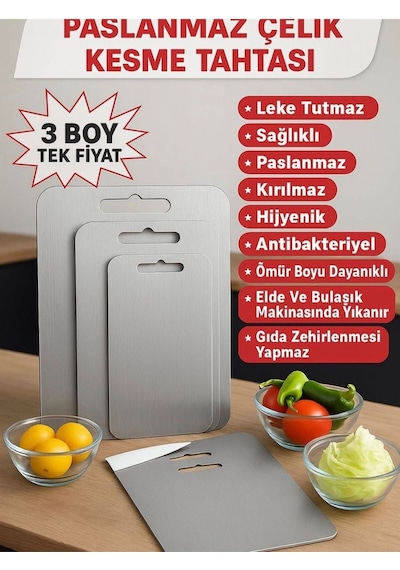 Gkd 3 Lü Profesyonel Paslanmaz Çelik Kesme Tahtası Seti Dayanıklı & Hijyenik Gri