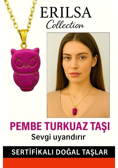 Erilsa Sertifikalı Gold Baykuş Model Pembe Turkuaz Taşı Kolye Sevgi Ve H Çok Renkli