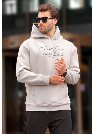 Madmext Boyalı Gri Kapüşonlu Cep Detaylı Baskılı Erkek Sweatshirt 7064-boyalı Gri Boyalı Gri