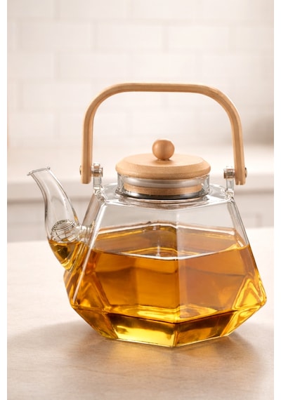 Bambu Kapaklı Isıya Dayanıklı Borosilikat Cam Demlik - 1200 Ml Prizma Cam Çaydanlık Şeffaf