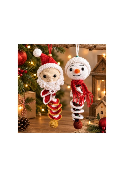Örgü Yılbaşı Süsü Noel Baba Ve Kardan Adam 2'li Set Kırmızı