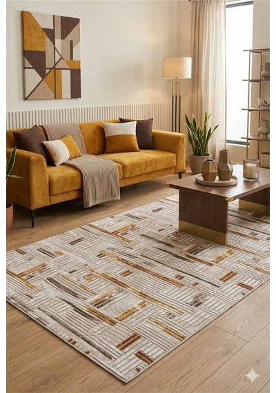 Kahverengi Geometrik Desenli Koridor Halısı Modern Boho Runner Halı Kaymaz Tabanlı, Yıkanabilir, Uzun Halı Fch3005 Bej