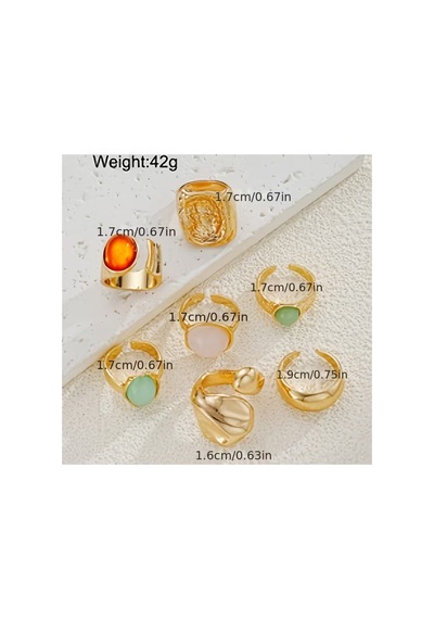 Susie Model 8'li Set Pastel Doğal Taş Görünümlü Vintage Gold Yüzük Kombini Bronz