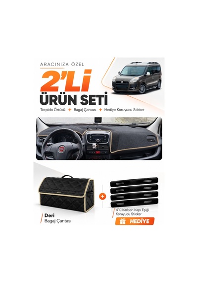 E-biz Fıat Doblo D3 2010-2013 Kapaksız Uyumlu Torpido Örtüsü + Deri Çanta - Siyah-bej - Fı006