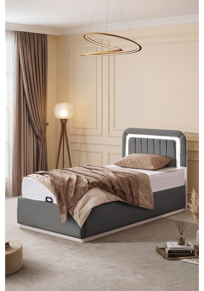 Demonte Baza Seti, Valens Ledli Tek Kişilik Baza Başlık Maxi Yatak Seti, Gri - 100x200 Cm 100 x 200