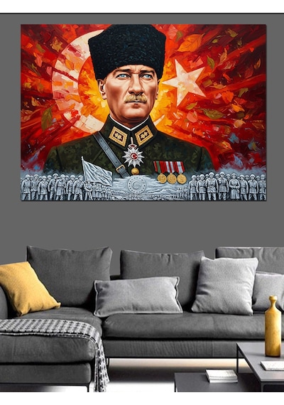Türk Bayrağı Mareşal Mustafa Kemal Atatürk Ve Kahraman Türk Askeri Dekoratif Kanvas - Mdf Ahşap Tablo