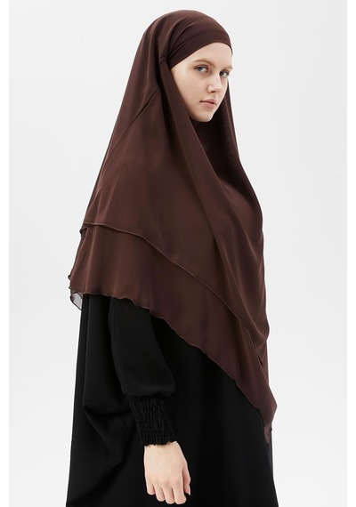 Altobeh Hazır Pratik Şifon Üç Katlı Peçeli Üçgen Hac Umre Şalı Sufle Hijab Nikap Kahve Rengi