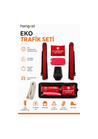Eko Trafik Seti 7 Parça - 1 Kg Yangın Söndürme Tüpü, 2 Reflektör, İlk Yardım Seti, Çekme Halatı, Boyunluk Ve Takozlu Araç Güvenlik Seti