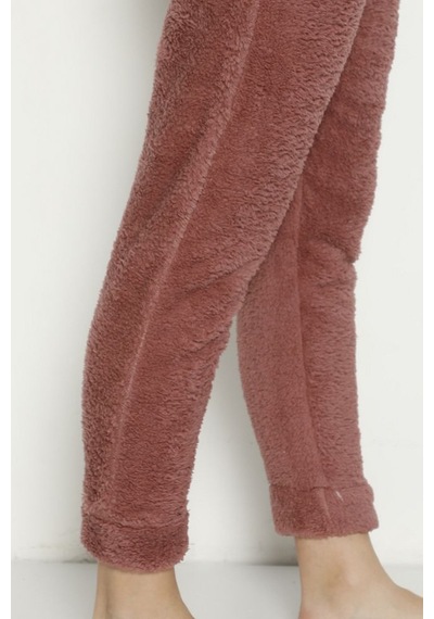 Cepli Lüx Pofuduk Polar Kışlık Pijama Altı Pofcepli Gül Tomurcuğu Gülkurusu