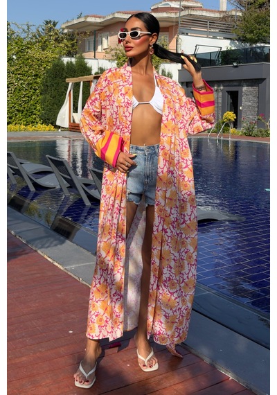 WeShaya Kadın Multi Desenli Kruvaze Keten Kimono Çok Renkli