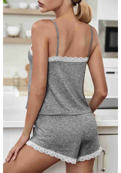 Merry See Dantel İşlemeli Penye Gecelik Şortlu Pijama Takım Gri Çok Renkli