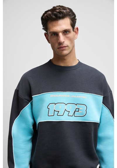 Grimelange MONTY Erkek Yuvarlak Yaka Baskılı Omuzları Yeşil Renkte Relaxed Fit Antrasit Sweatshirt