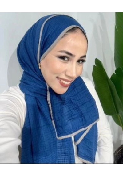 Modakaşmir Aminenesil Biyeli Müslin Şal Saks Gri Renk Açık Saks Mavi