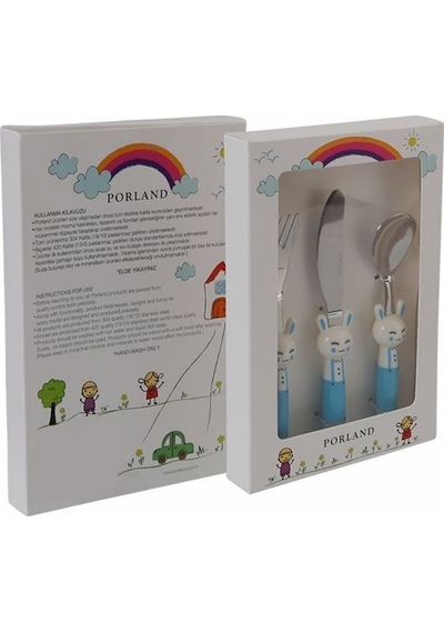 Porland Mini Rabbit Mavi Çocuk Çatal Kaşık Bıçak Takım 3 Parça