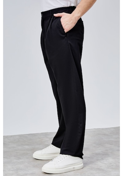 HLT Jeans Erkek Siyah Çift Pileli Rahat Kesim Beli Lastikli Bol Paça Baggy Pantolon Albert-1988 Siyah