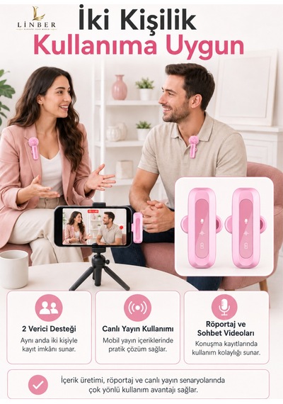 Pembe Kablosuz Yaka Mikrofonu 2.4g Type-c / Lightning Uyumlu Gürültü Azaltmalı Mini Vlog Canlı Yayın Röportaj Mikrofonu