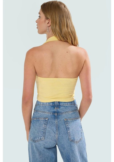 Ersefa Fitted Kalıp Viskoz Ribana Crop Bluz Boyundan Bağlamalı Yaka Günl Açık Sarı