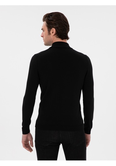 Cacharel Siyah Slim Fit Yün Karışımlı Yarım Balıkçı Yaka Basic Triko Kazak