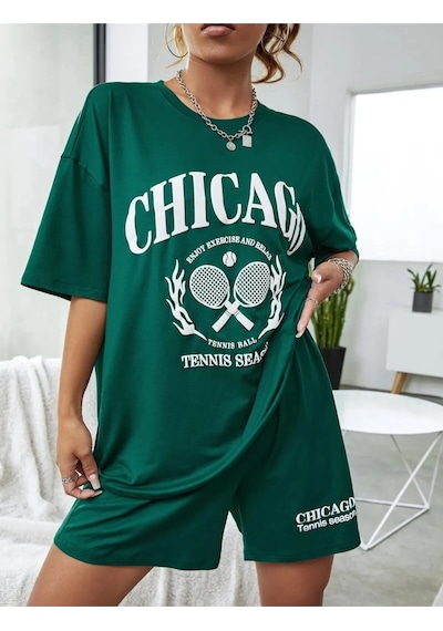 Hırsch Kadın Yeşil Oversize Yazlık Chicago Tennis Season Baskılı Şort T-shirt Takım Yeşil Hırsch Kadın Yeşil Oversize Yazlık Chicago Tennis Season Baskılı Şort T-shirt Takım Yeşil