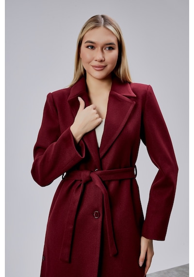 Kadın Bordo Kuşaklı Düğmeli Uzun Kaban Bordo