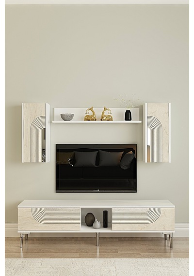 Tvr1502bts Meyra Tv Ünitesi Takımı Beyaz-traverten-sılver 150cm Beyaz - Traverten - Gümüş