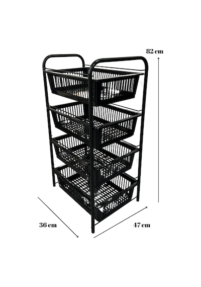 Ece Metal 4 Plastik Raflı Tekerlekli Siyah Sebzelik Meyvelik Organizer