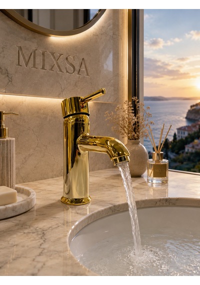 Lüx Gold Premium Sabit Lavabo Bataryası Pirinç Ağır Gövde Çift Su Girişli Lüx Lavabo Bataryası Çeşmesi Musluğu Altın