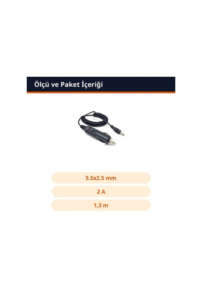 Trobus Oto Çakmak Fişi Spiral Kablolu Sigortalı 5.5x2.5 Mm Uçlu 2 A 1,3 M