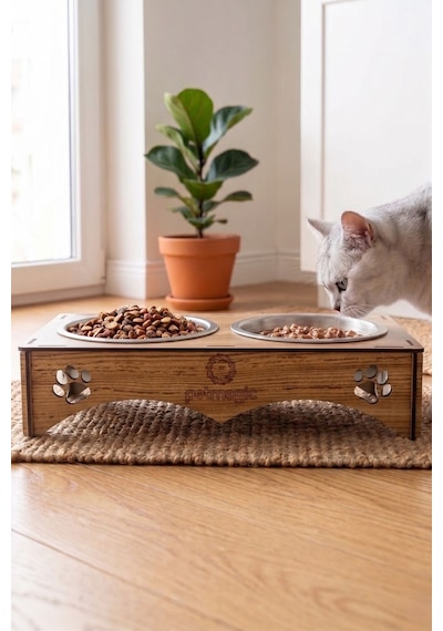Petmagic 2'li Mama Kabı, Ahşap Çelik Kaseli Kedi Mama Kabı, Ahşap Standlı, Metal Kaseli