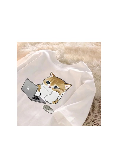 Tarzsokak Beyaz Karikatür Anime Çalışma Kedi Baskı Çift Yuvarlak Boyun Yaz Gevşek Ka