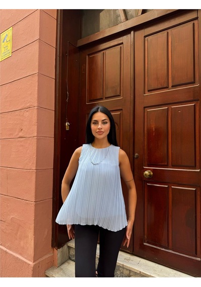 WeShaya Bebe Mavi Astarlı Pileli Kolsuz Bluz Bebe Mavi
