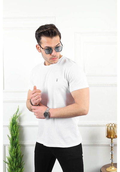 Beyaz Erkek Tişört Standart-Fit Bisiklet Yaka Düz Erkek Tişört Beyaz