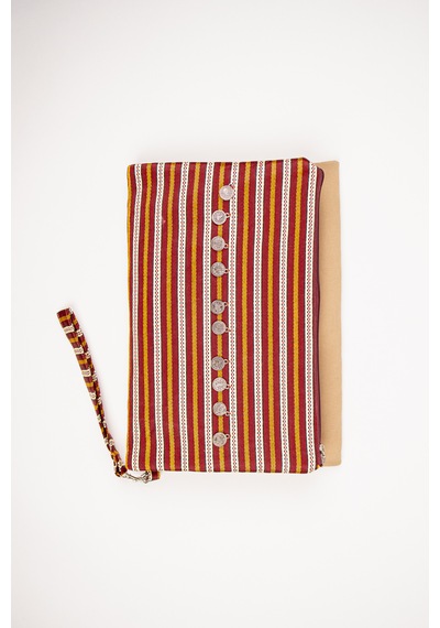 Fabric Craft Bag Katlanabilir Portföy Çanta Etnik Desenli, İçi Astarlı, Bilek Askılı 34x43 Cm Açık Kahverengi