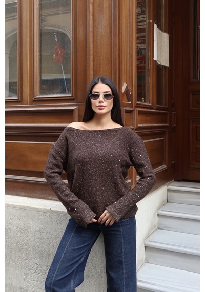 Kechi Woman Simli Kayık Yaka Triko Kazak Kahverengi