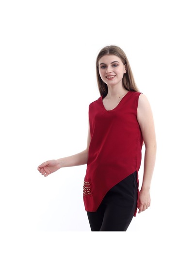 Self Clothing Kadın Bordo V Yaka Cep Ve Yırtmaç Detaylı Bluz Slf1246-Bordo