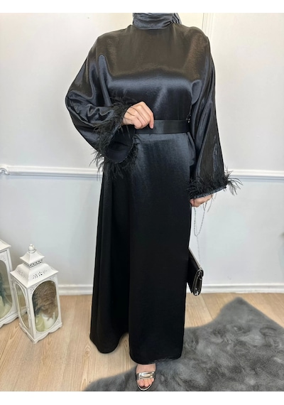 Tesettürcüm Boutique SİYAH KOL UCU TÜYLÜ ELBİSE Siyah