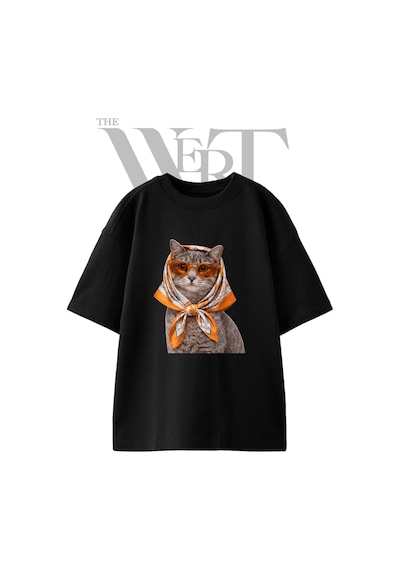 Thewert Babushka Kedi 1 Tasarım Baskılı Ünisex Siyah Oversize T-shirt
